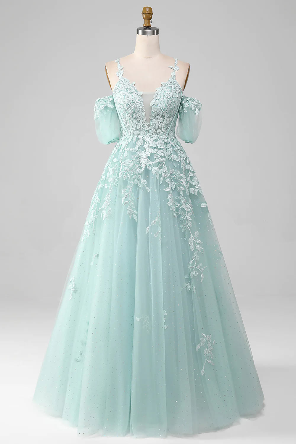 Mint Prom Dress Gown, Off The Shoulder Evening Gown, Handmade Beaded Party Gown with Appliques