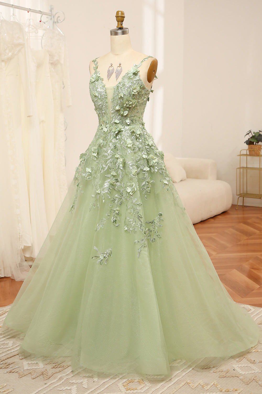 3D Embroidery floral lace party dress, green prom dress, custom fairy prom dress
