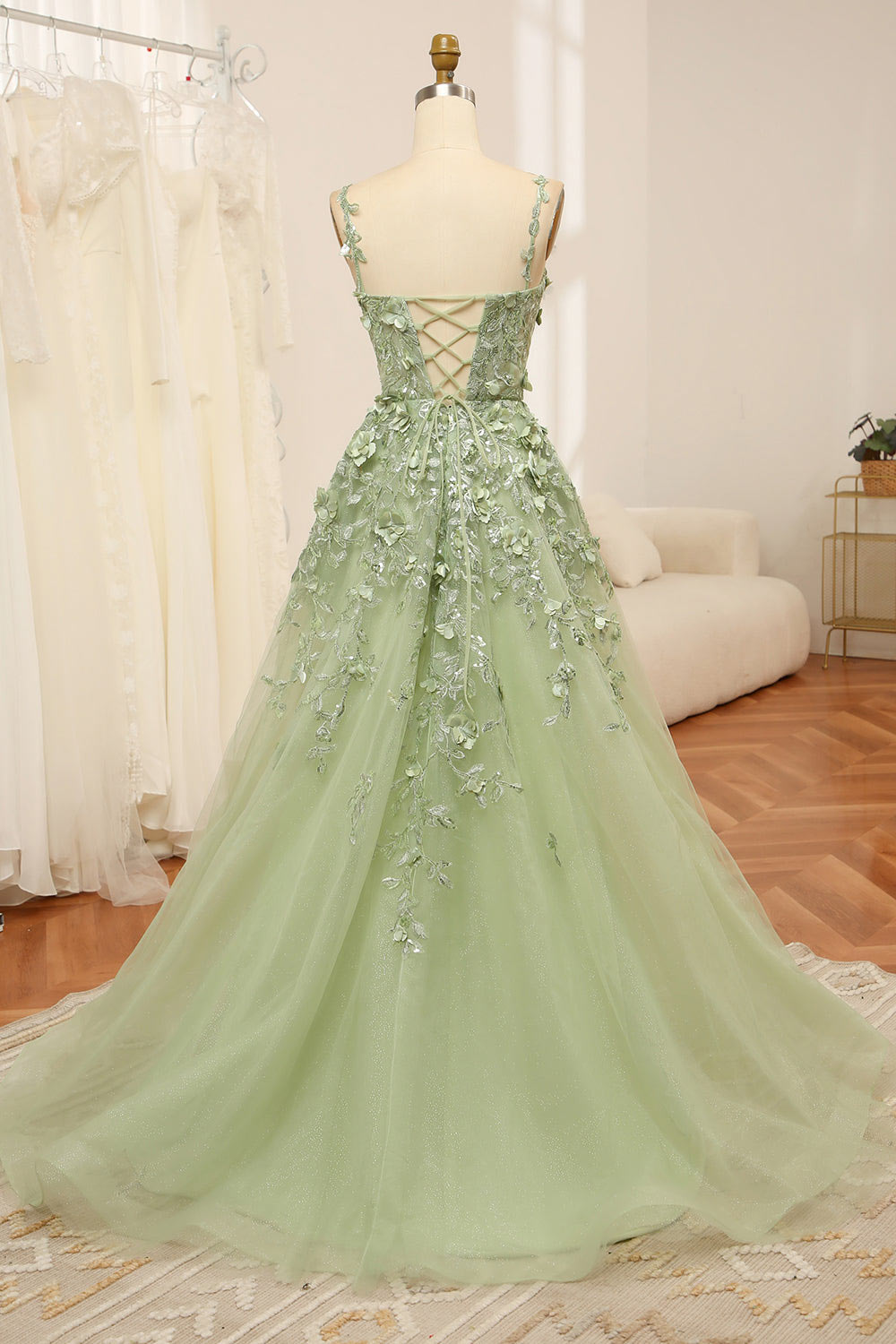 3D Embroidery floral lace party dress, green prom dress, custom fairy prom dress