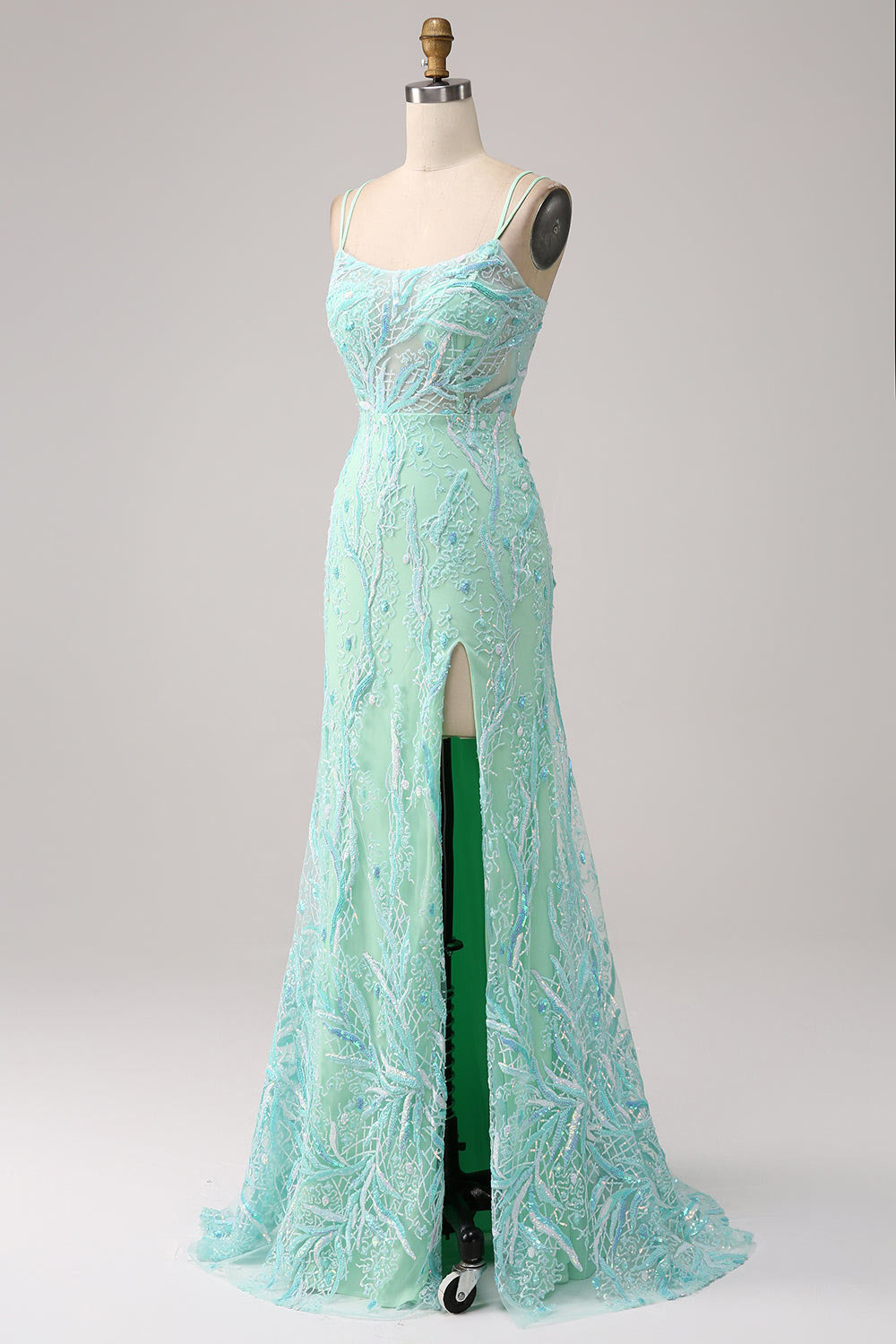 Floral embroidery prom dress, slit party dress, custom light green evening gown