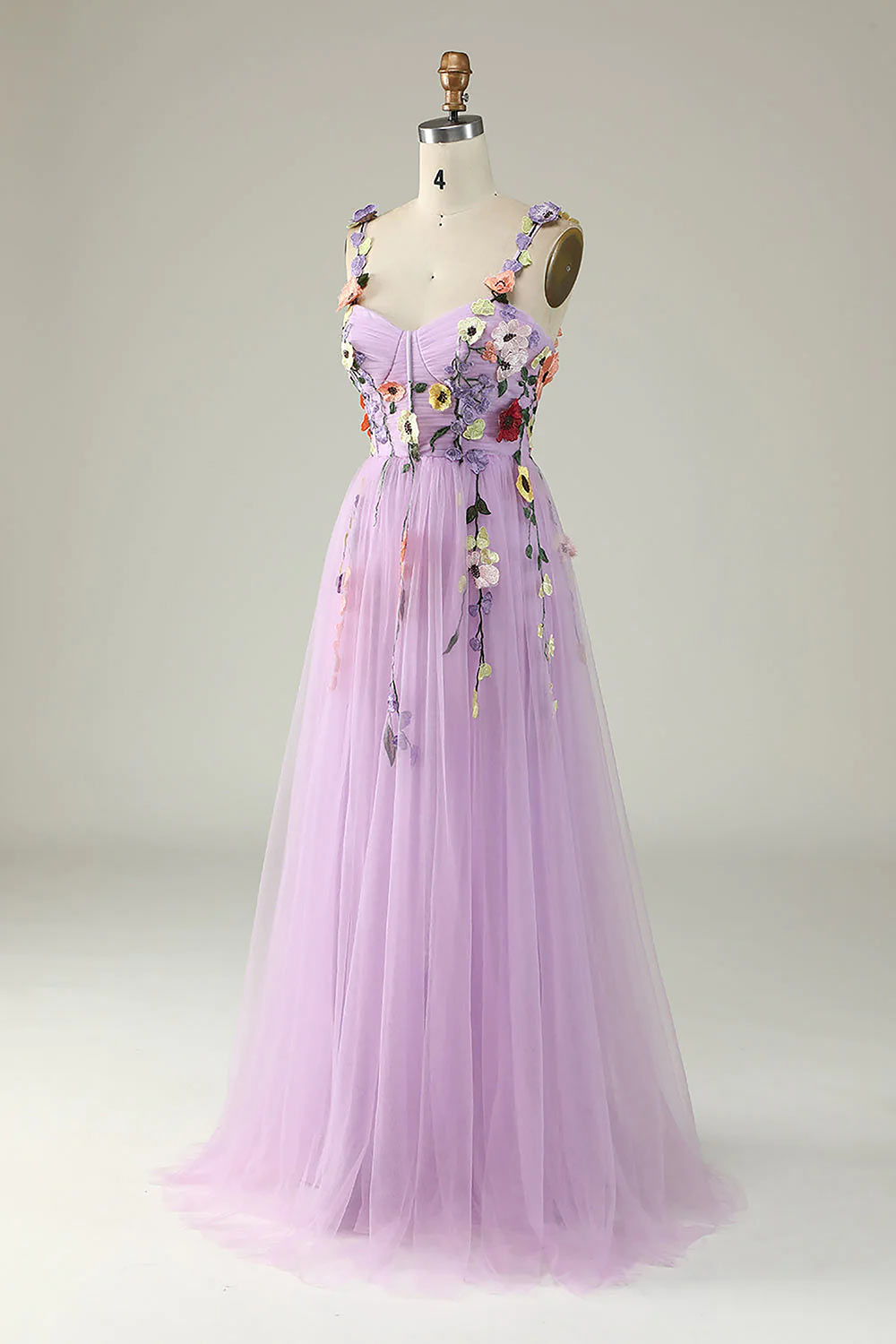 Handmade Party Prom Gown with 3D Flowers, Tulle Spaghetti Straps Prom Dress, A Line Evening Dress, Purple Prom Gown, Custom Formal Prom Gown