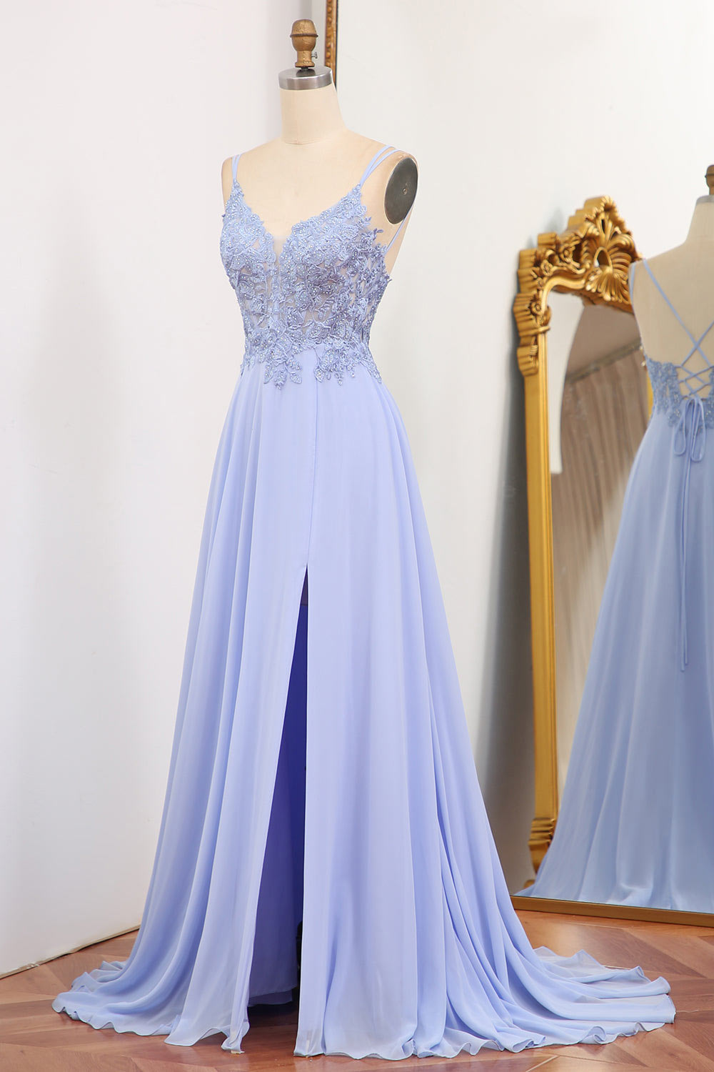 Lavender floral embroidery prom dress, slit organza evening dress, custom party dress