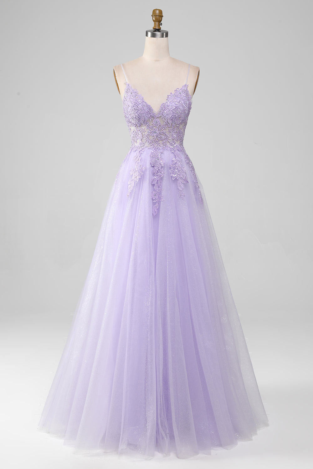 Shining tulle prom dress, flower embroidery evening dress, custom light purple party dress