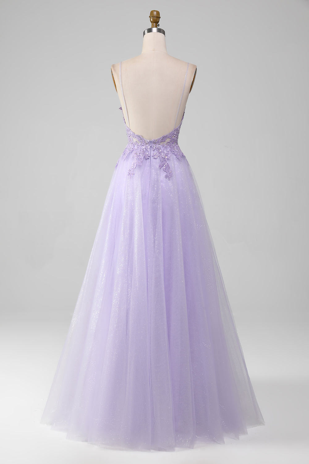 Shining tulle prom dress, flower embroidery evening dress, custom light purple party dress