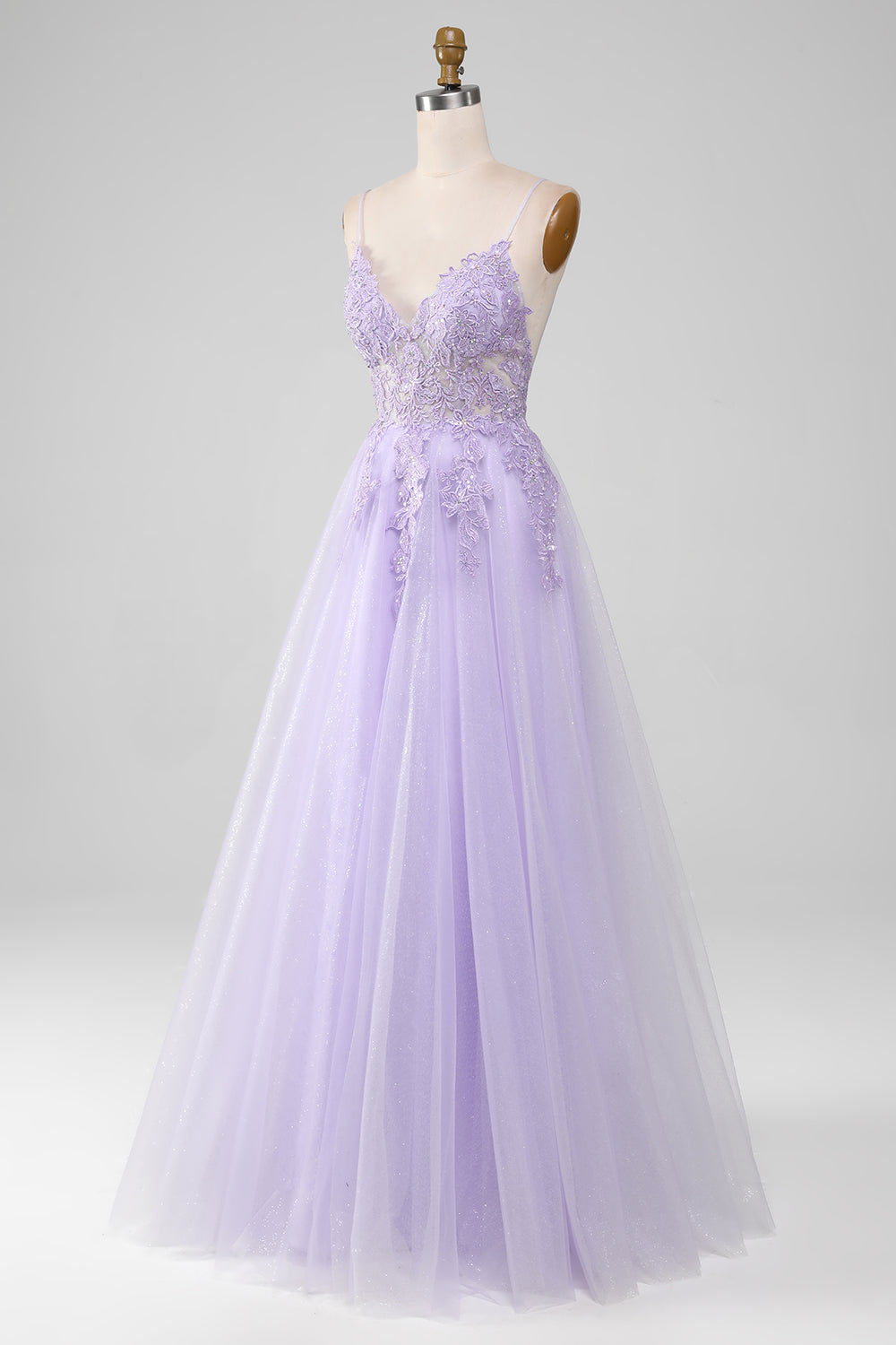 Shining tulle prom dress, flower embroidery evening dress, custom light purple party dress