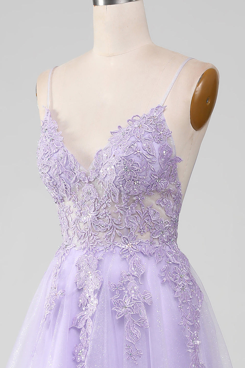 Shining tulle prom dress, flower embroidery evening dress, custom light purple party dress