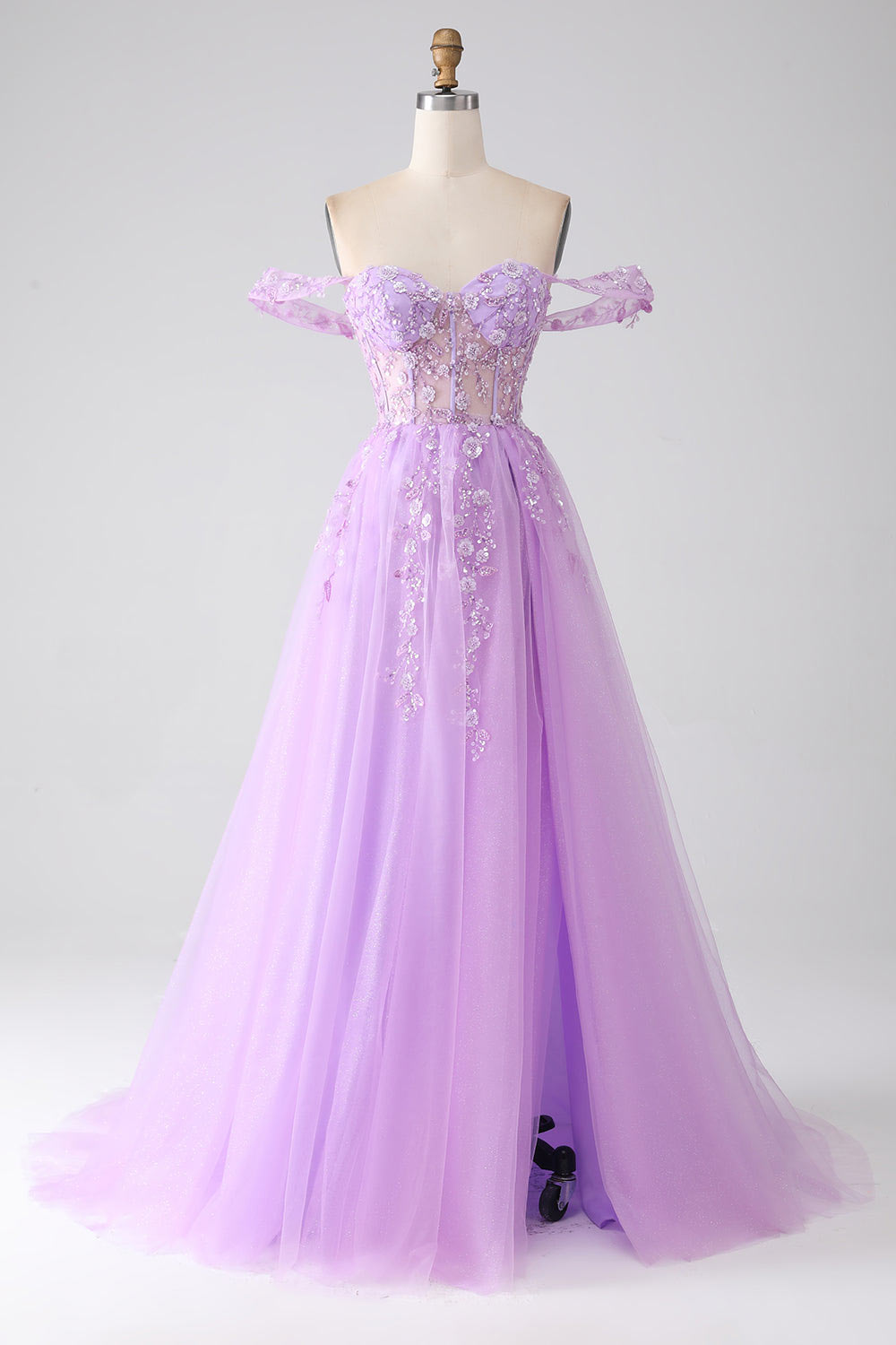 Lace flower embroidery prom dress, lilac shining tulle evening gown, custom slit party dress