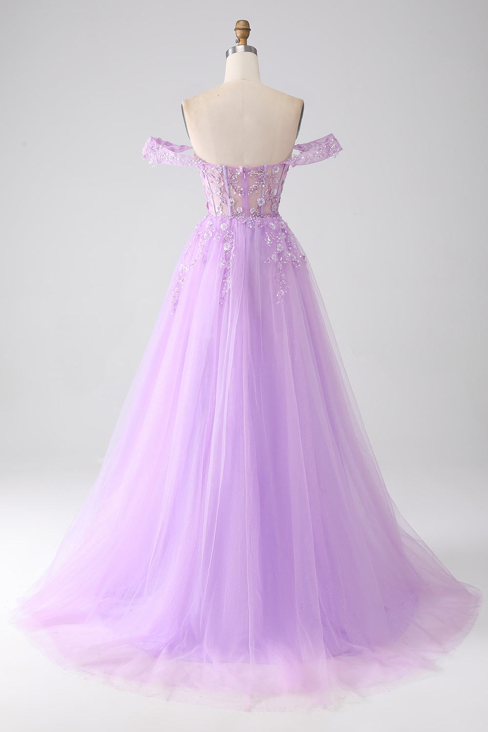 Lace flower embroidery prom dress, lilac shining tulle evening gown, custom slit party dress