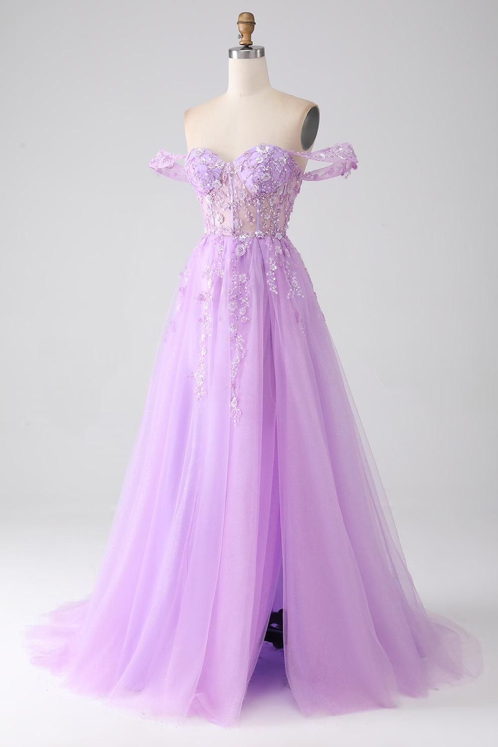 Lace flower embroidery prom dress, lilac shining tulle evening gown, custom slit party dress