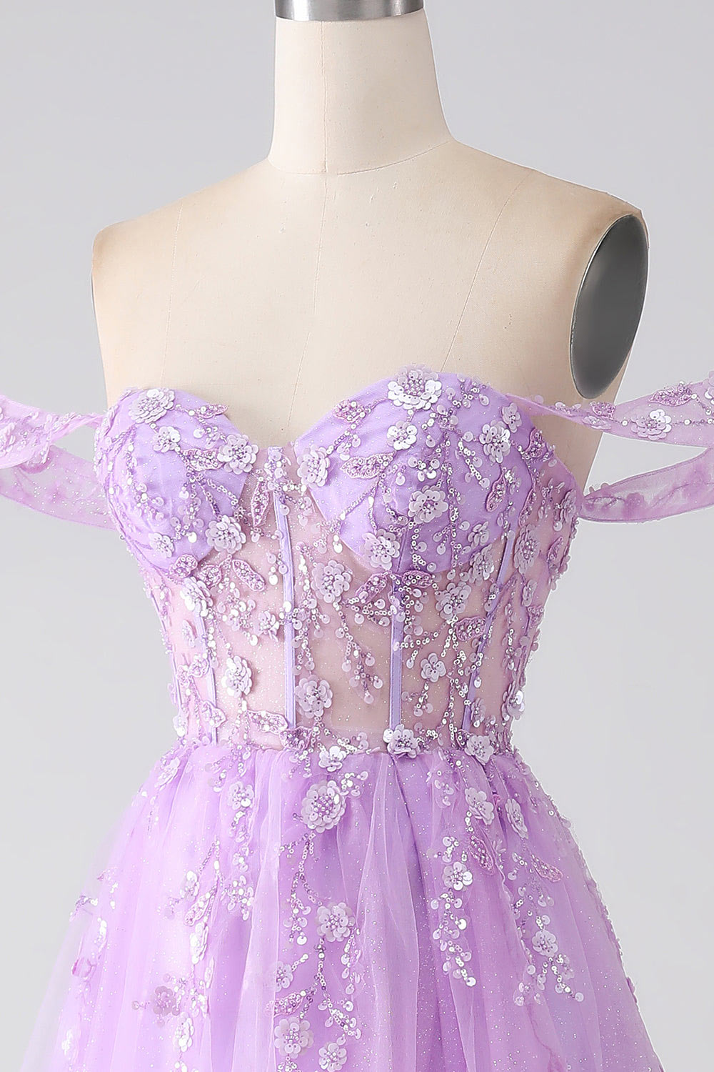 Lace flower embroidery prom dress, lilac shining tulle evening gown, custom slit party dress