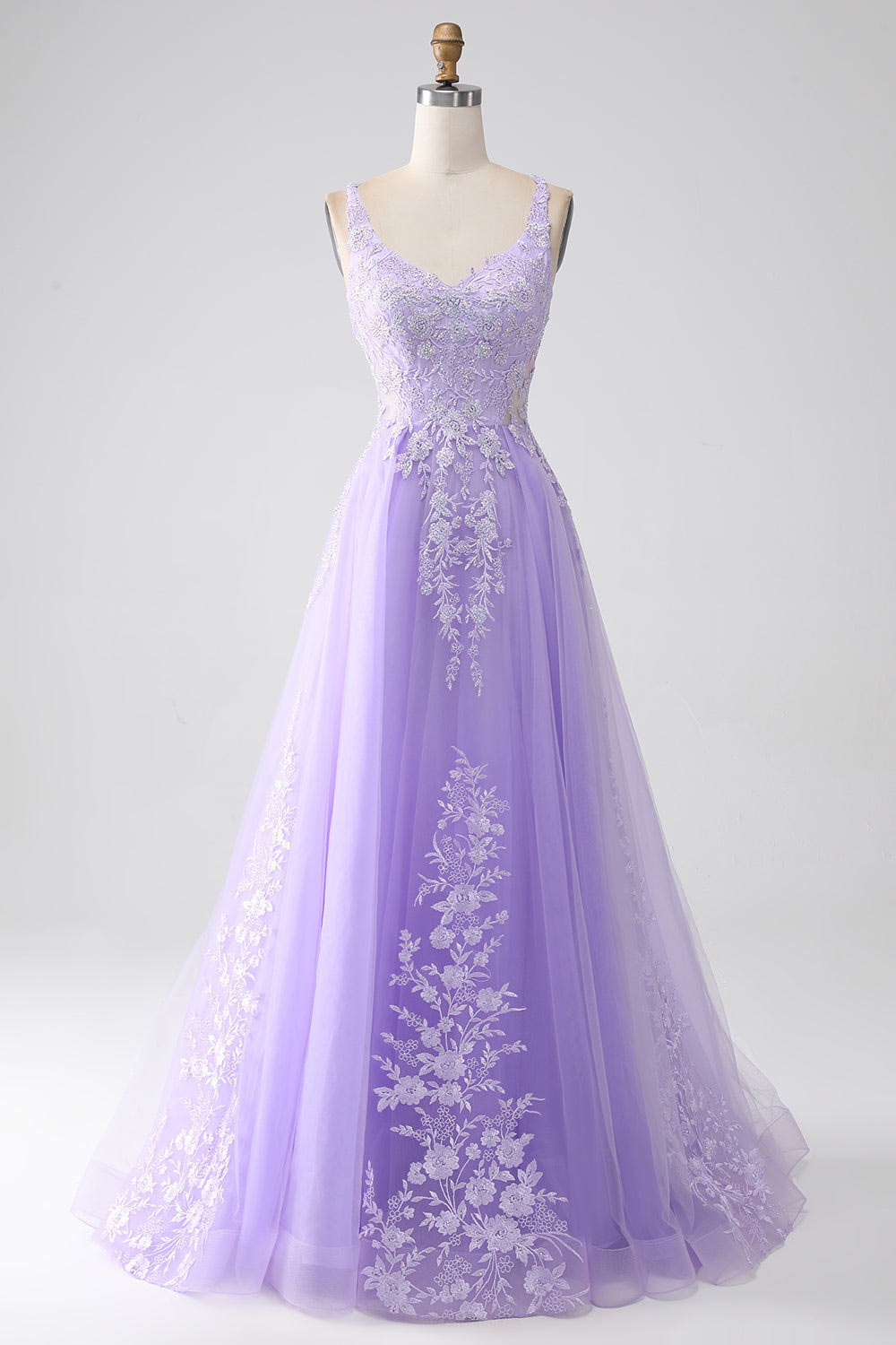 Lace flower embroidery prom dress, lilac tulle evening gown, custom party dress