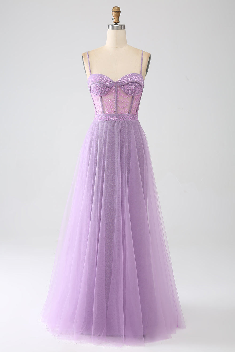 Lace shining tulle prom dress, embroidery evening gown, custom lilac party dress