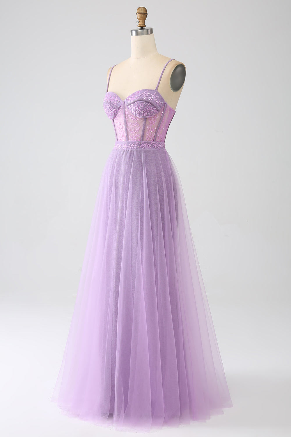 Lace shining tulle prom dress, embroidery evening gown, custom lilac party dress