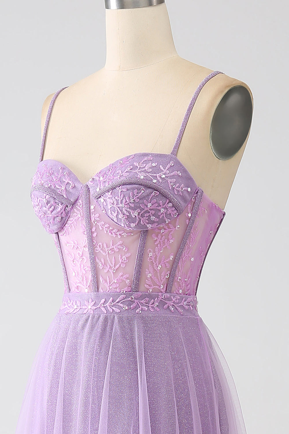 Lace shining tulle prom dress, embroidery evening gown, custom lilac party dress