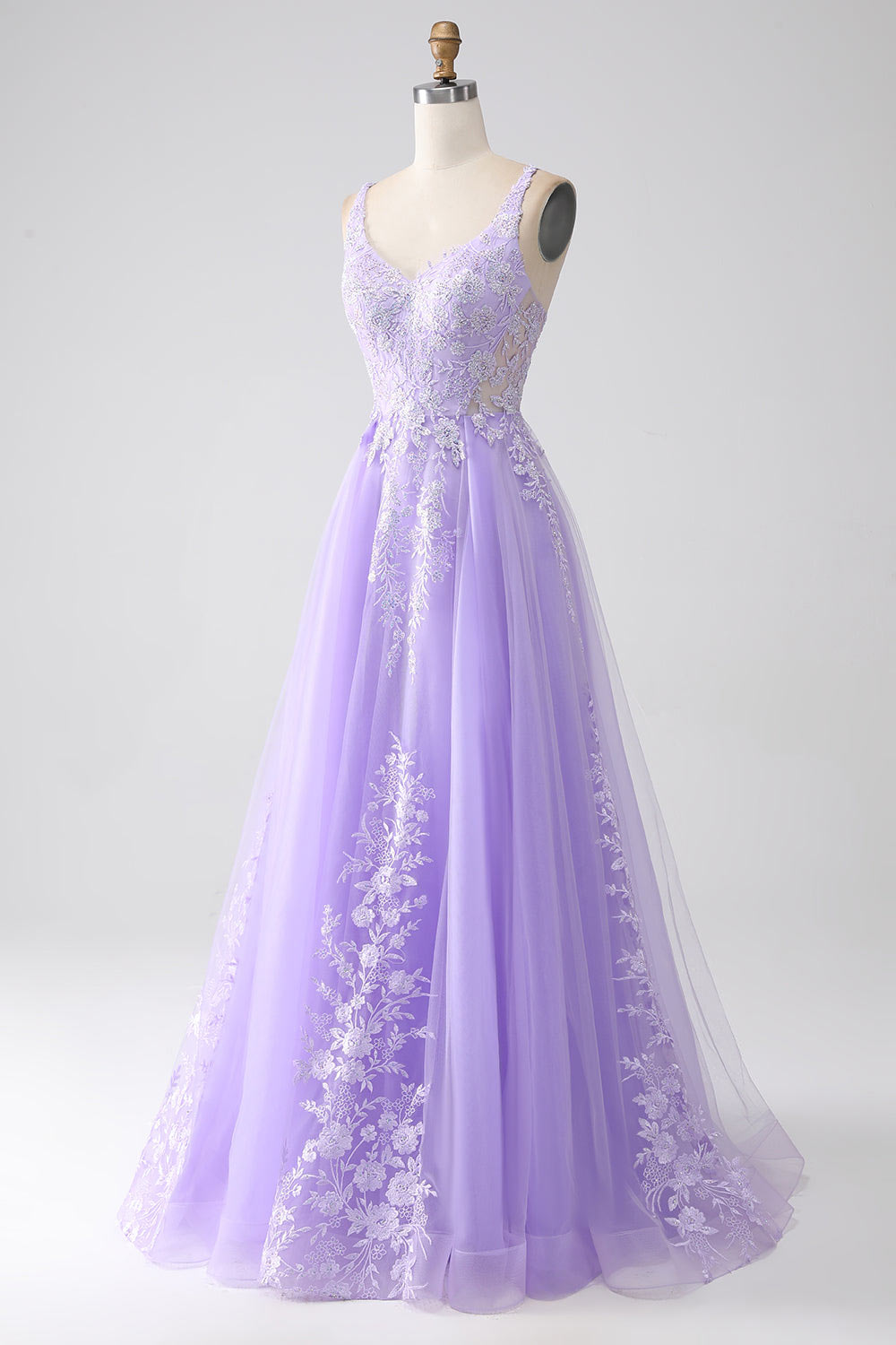 Lace flower embroidery prom dress, lilac tulle evening gown, custom party dress