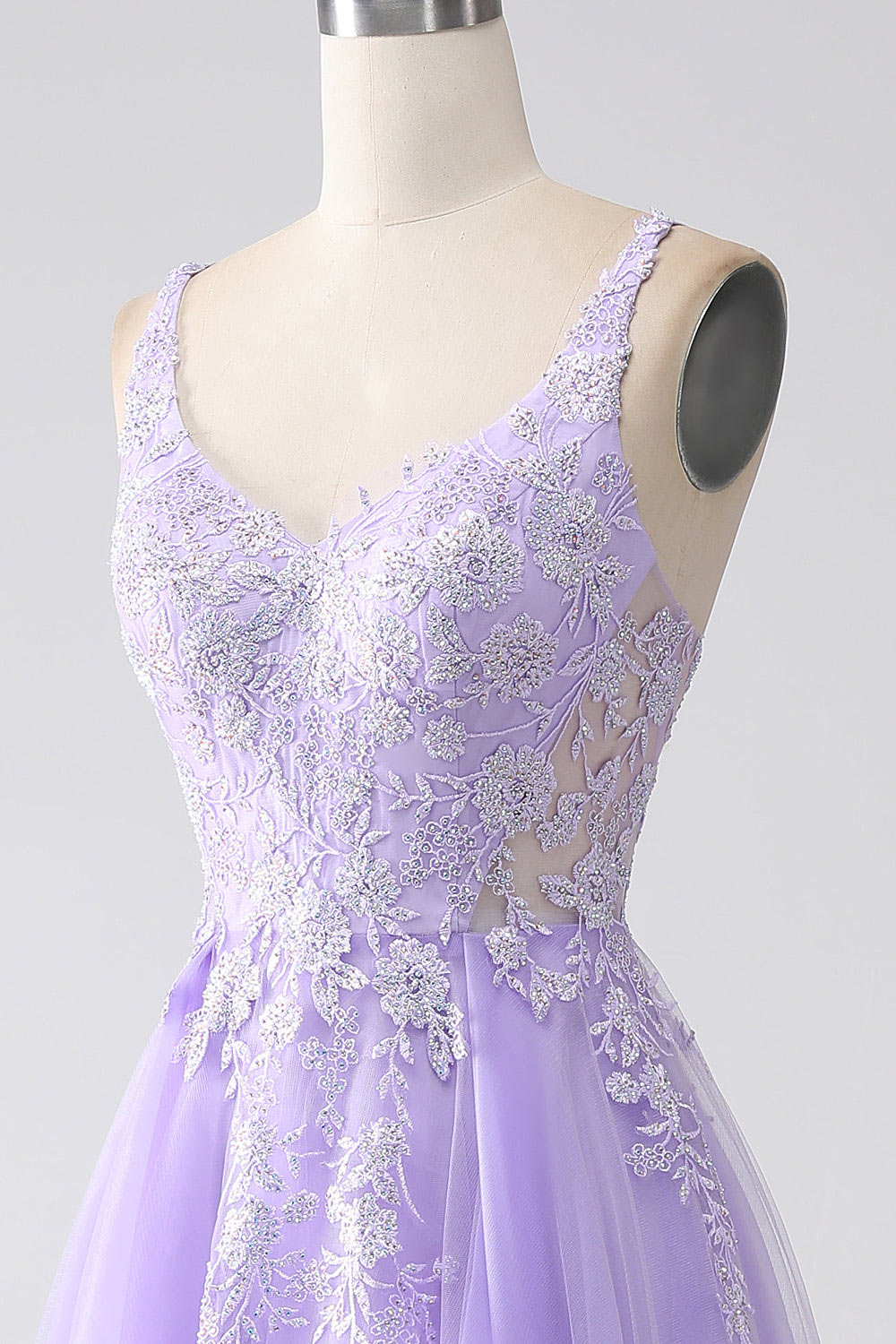 Lace flower embroidery prom dress, lilac tulle evening gown, custom party dress