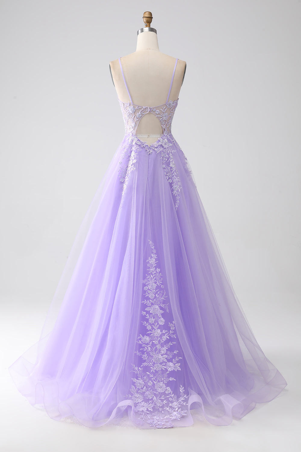 Lace flower embroidery prom dress, lilac tulle evening gown, custom party dress