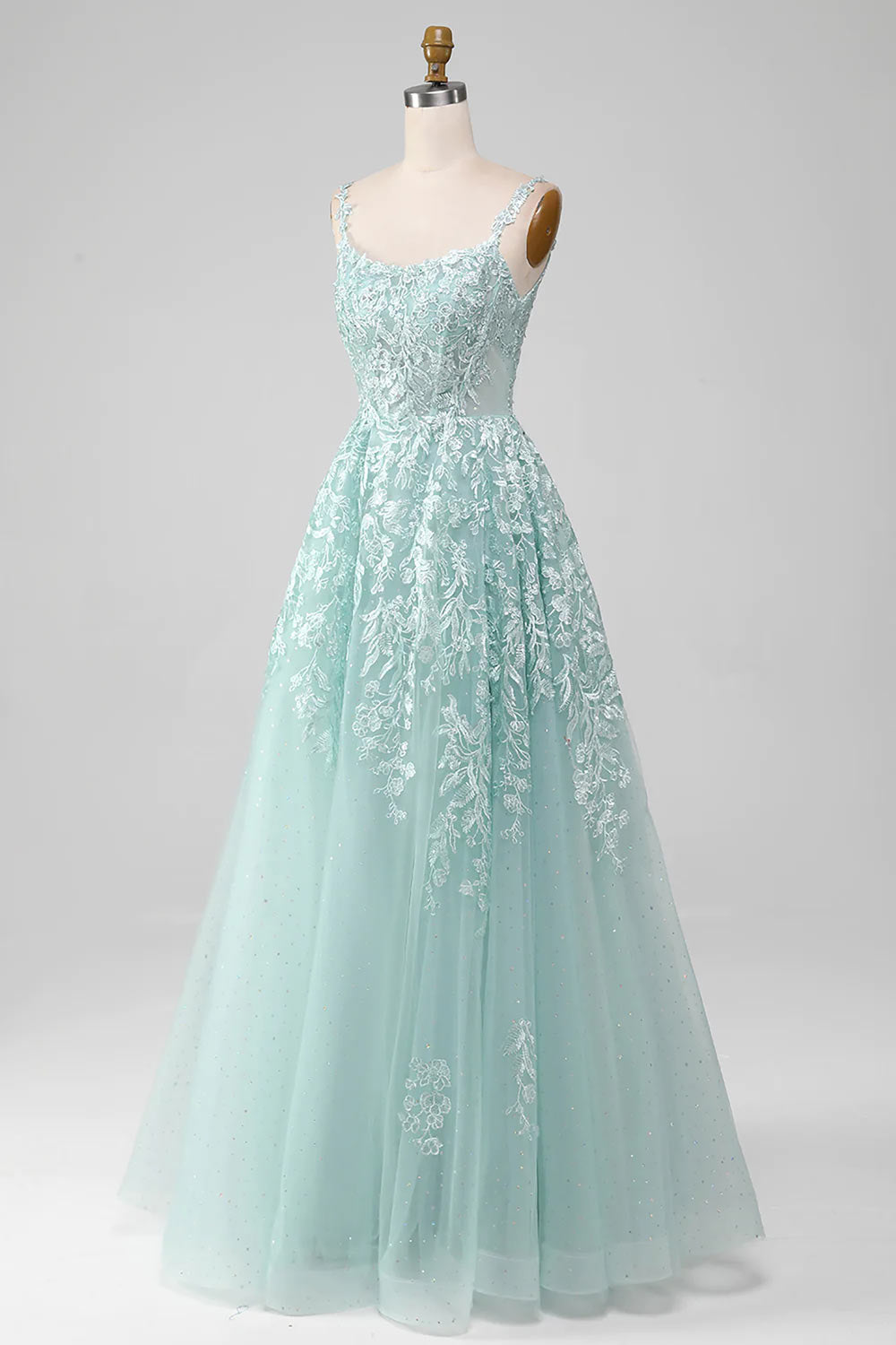 Luxury Prom Dress with Lace, Glitter Prom Gown, Mint A-Line Evening Dress