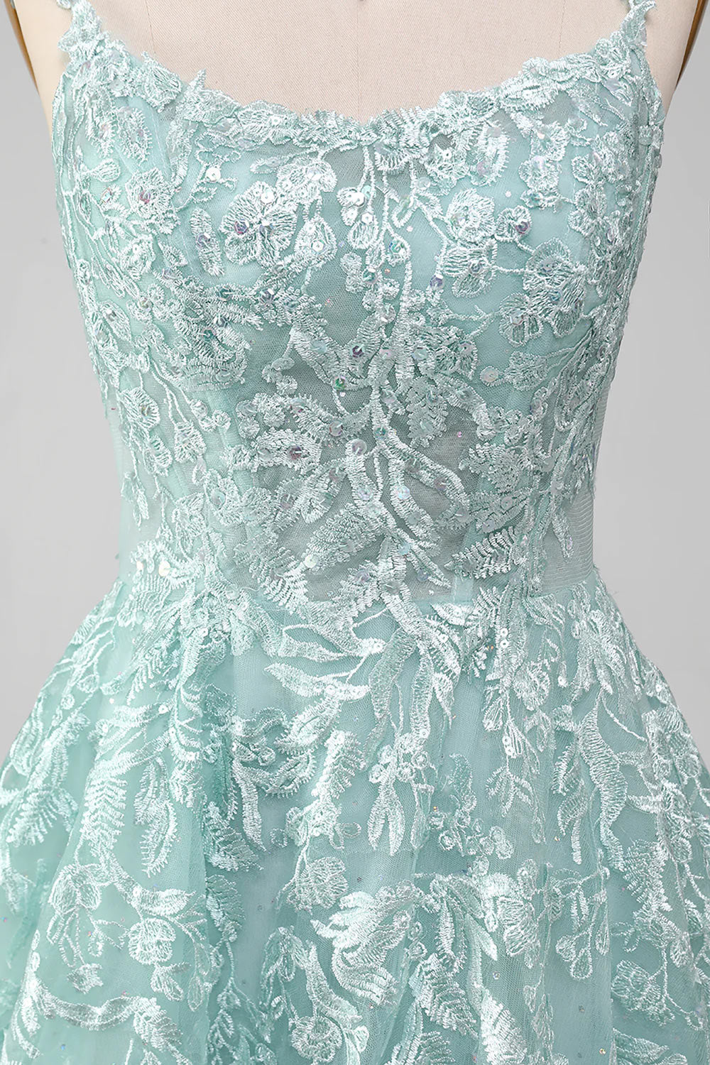 Luxury Prom Dress with Lace, Glitter Prom Gown, Mint A-Line Evening Dress