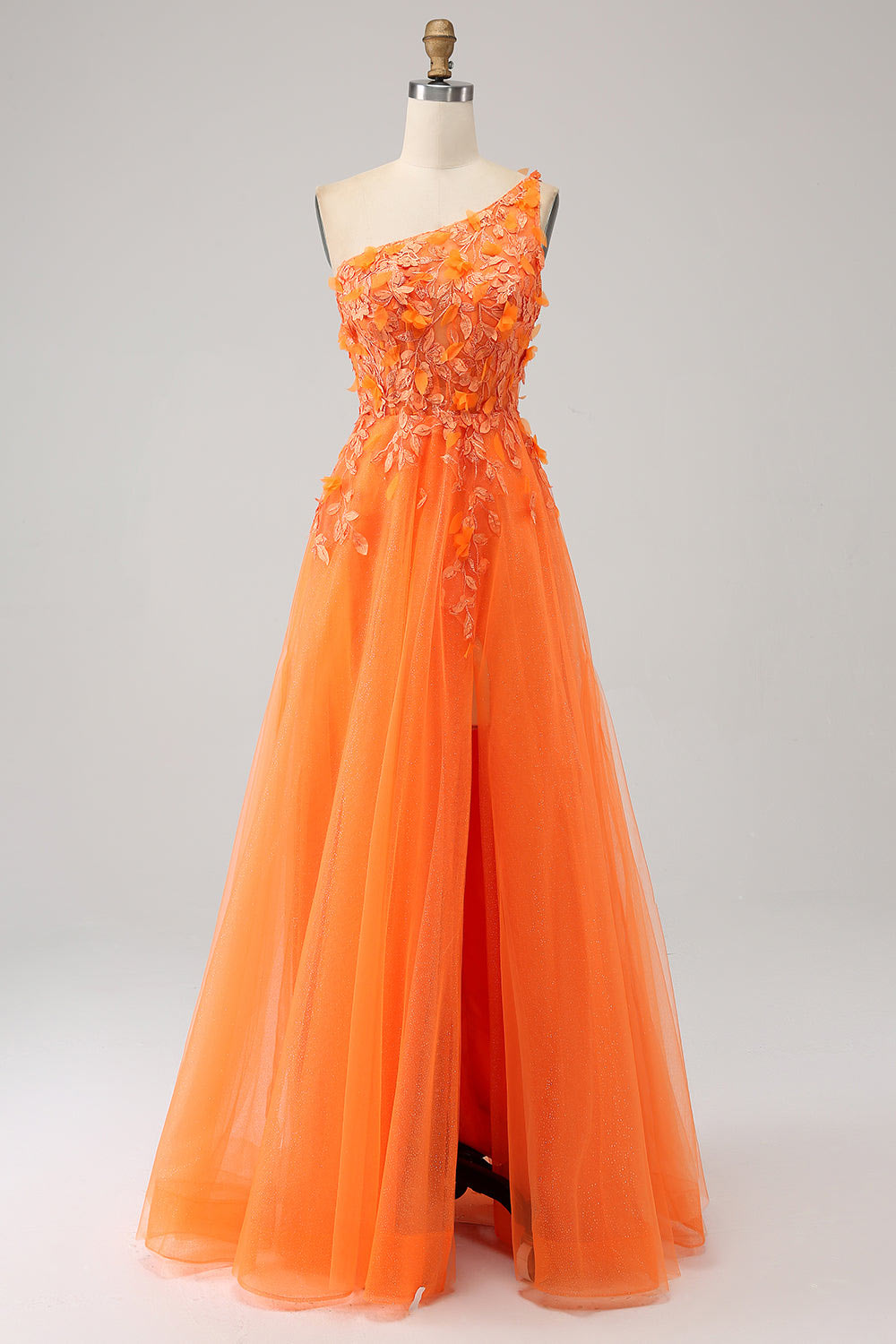 One shoulder floral embroidery evening dress, slit orange party dress, custom tulle prom dress