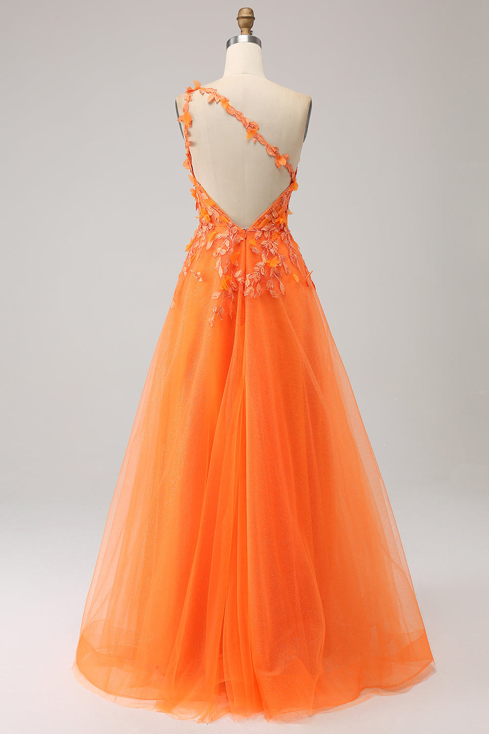 One shoulder floral embroidery evening dress, slit orange party dress, custom tulle prom dress