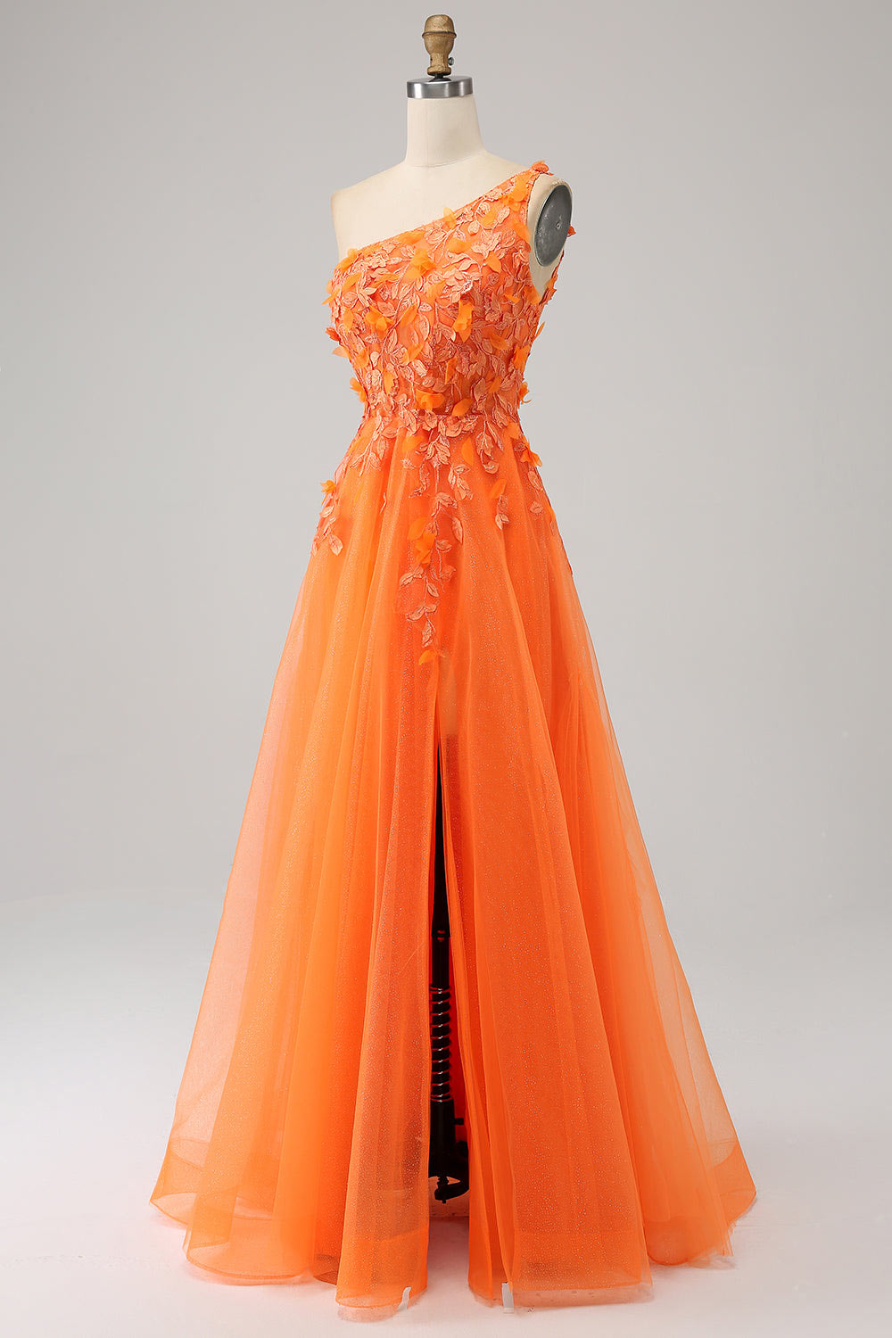 One shoulder floral embroidery evening dress, slit orange party dress, custom tulle prom dress