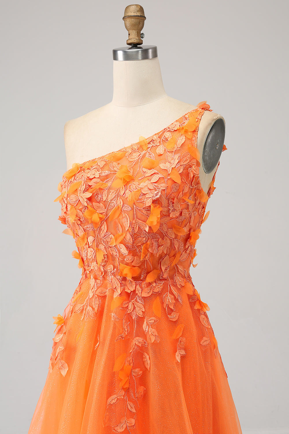 One shoulder floral embroidery evening dress, slit orange party dress, custom tulle prom dress