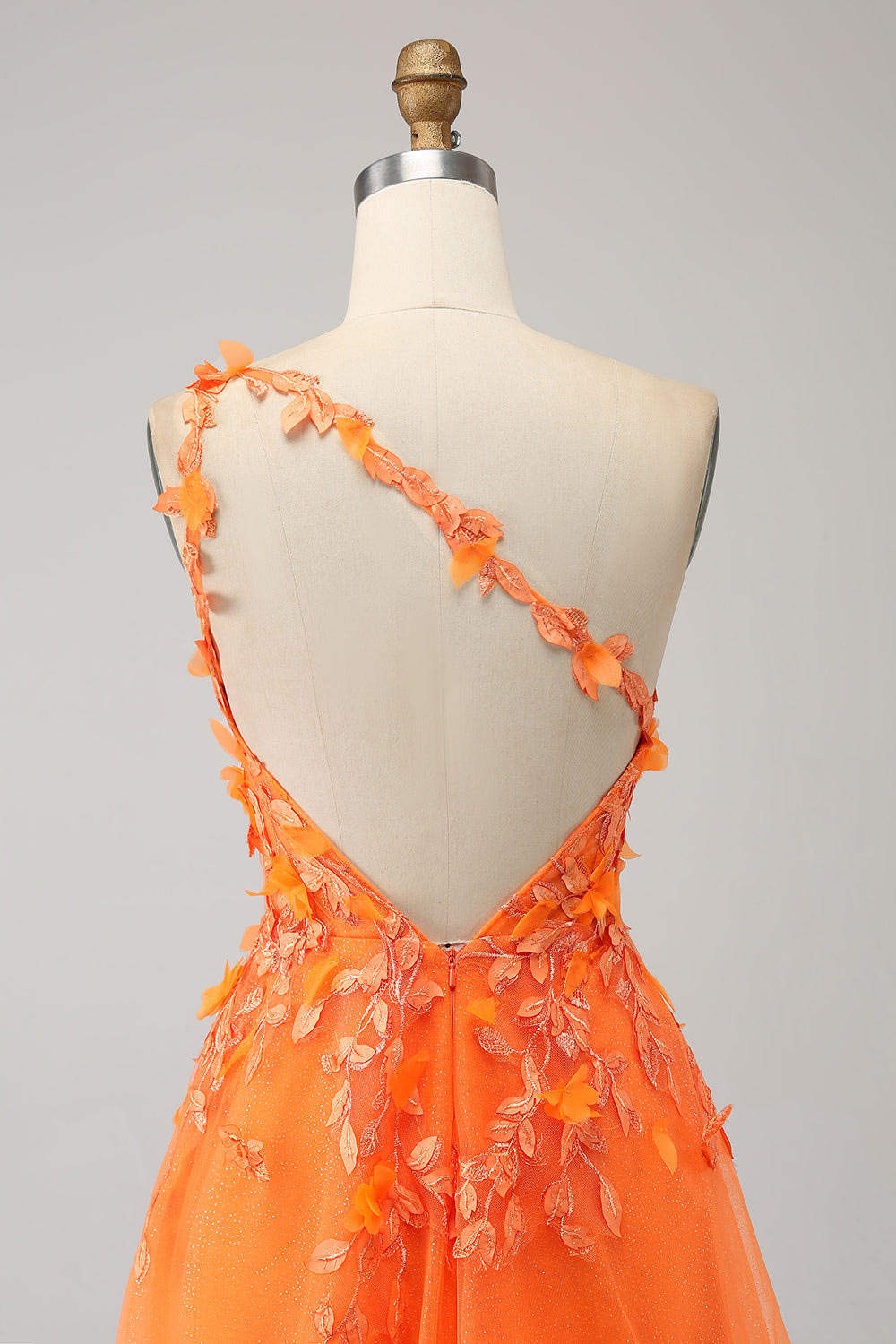 One shoulder floral embroidery evening dress, slit orange party dress, custom tulle prom dress