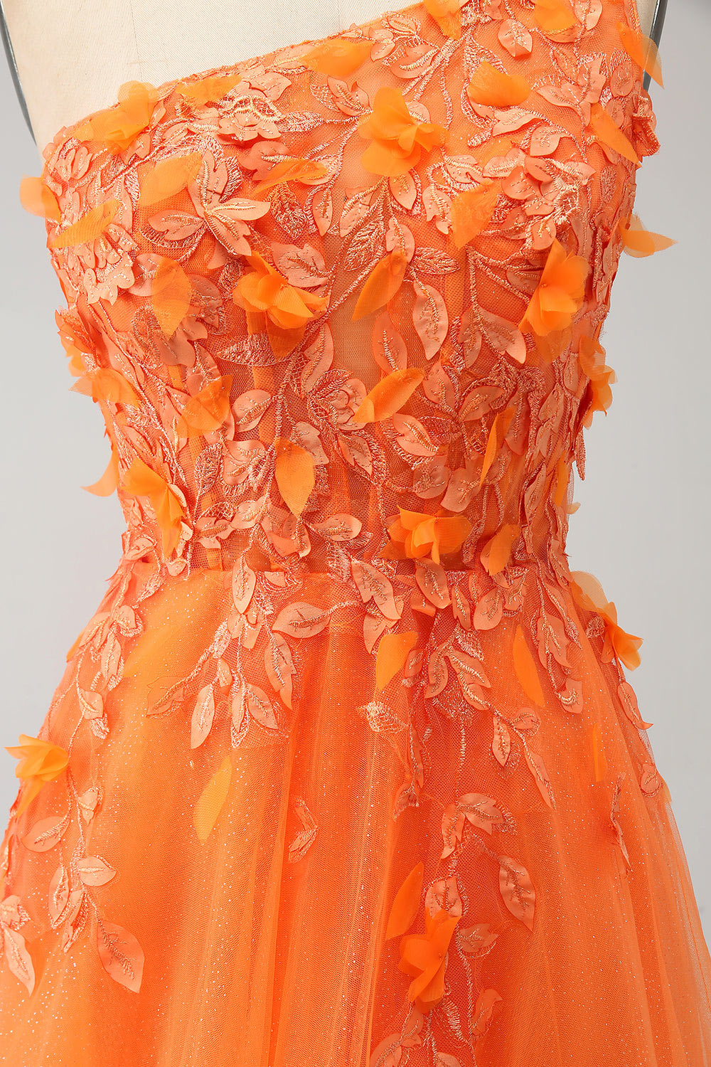 One shoulder floral embroidery evening dress, slit orange party dress, custom tulle prom dress