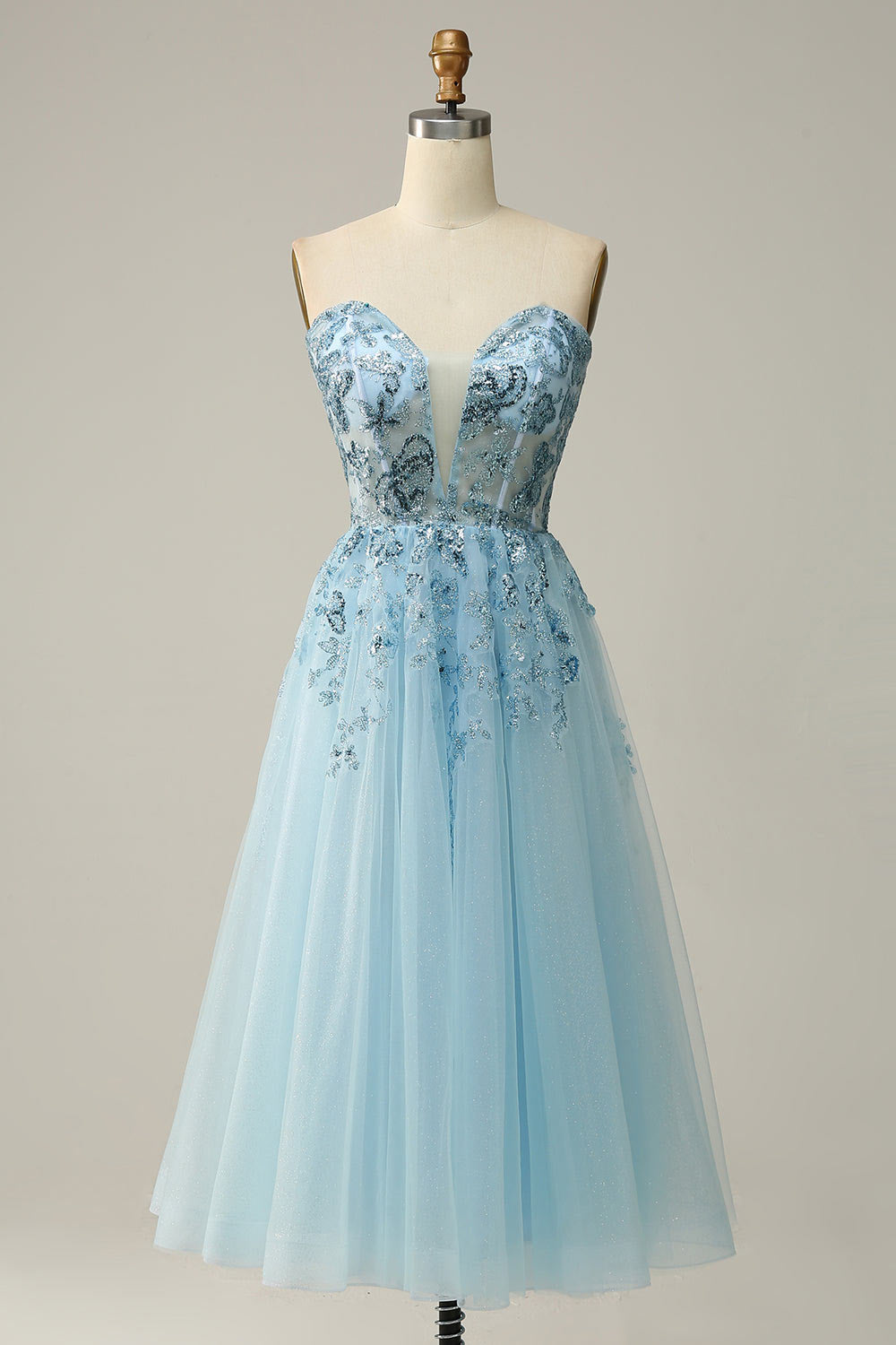 Lace floral embroidery prom dress, blue short evening gown, custom party dress