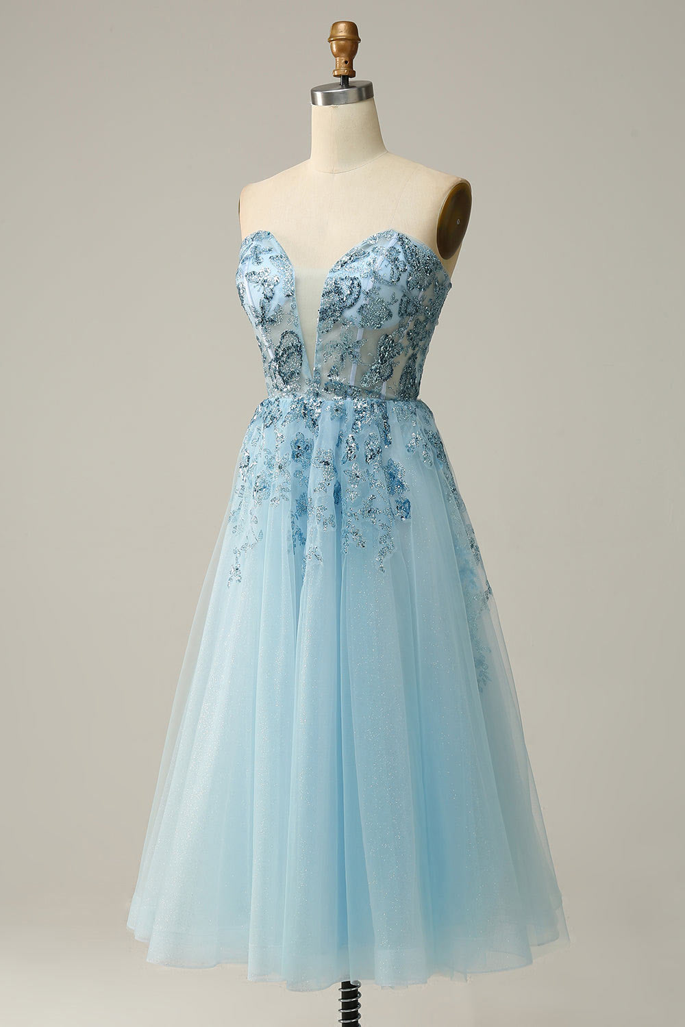 Lace floral embroidery prom dress, blue short evening gown, custom party dress