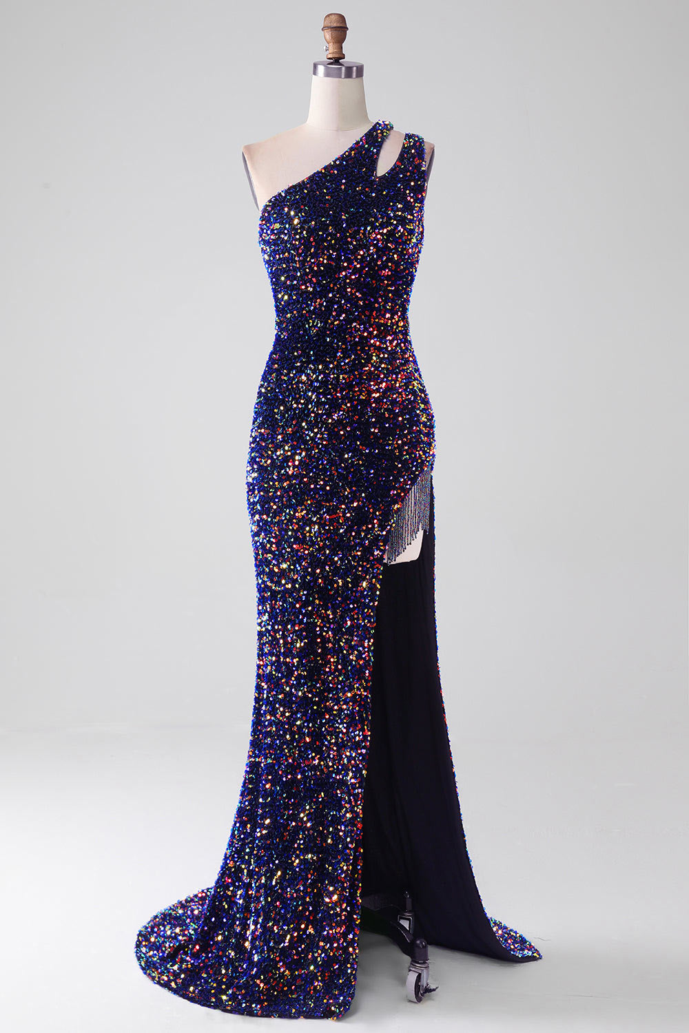 Custom one shoulder sequin party dress, colorful slit evening dress