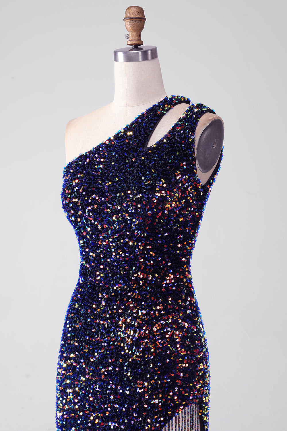 Custom one shoulder sequin party dress, colorful slit evening dress