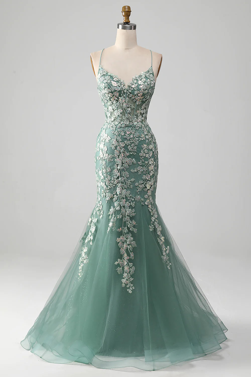 Lace-up Backless Prom Dress, Mermaid Sheath Prom Gown, Light Green Party Dress with Appliques, Handmade Flower Dress