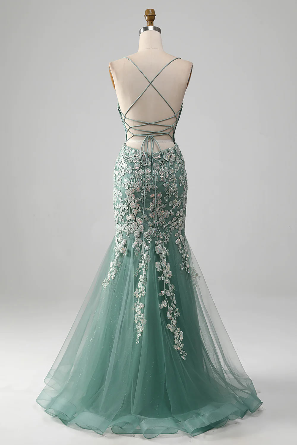 Lace-up Backless Prom Dress, Mermaid Sheath Prom Gown, Light Green Party Dress with Appliques, Handmade Flower Dress