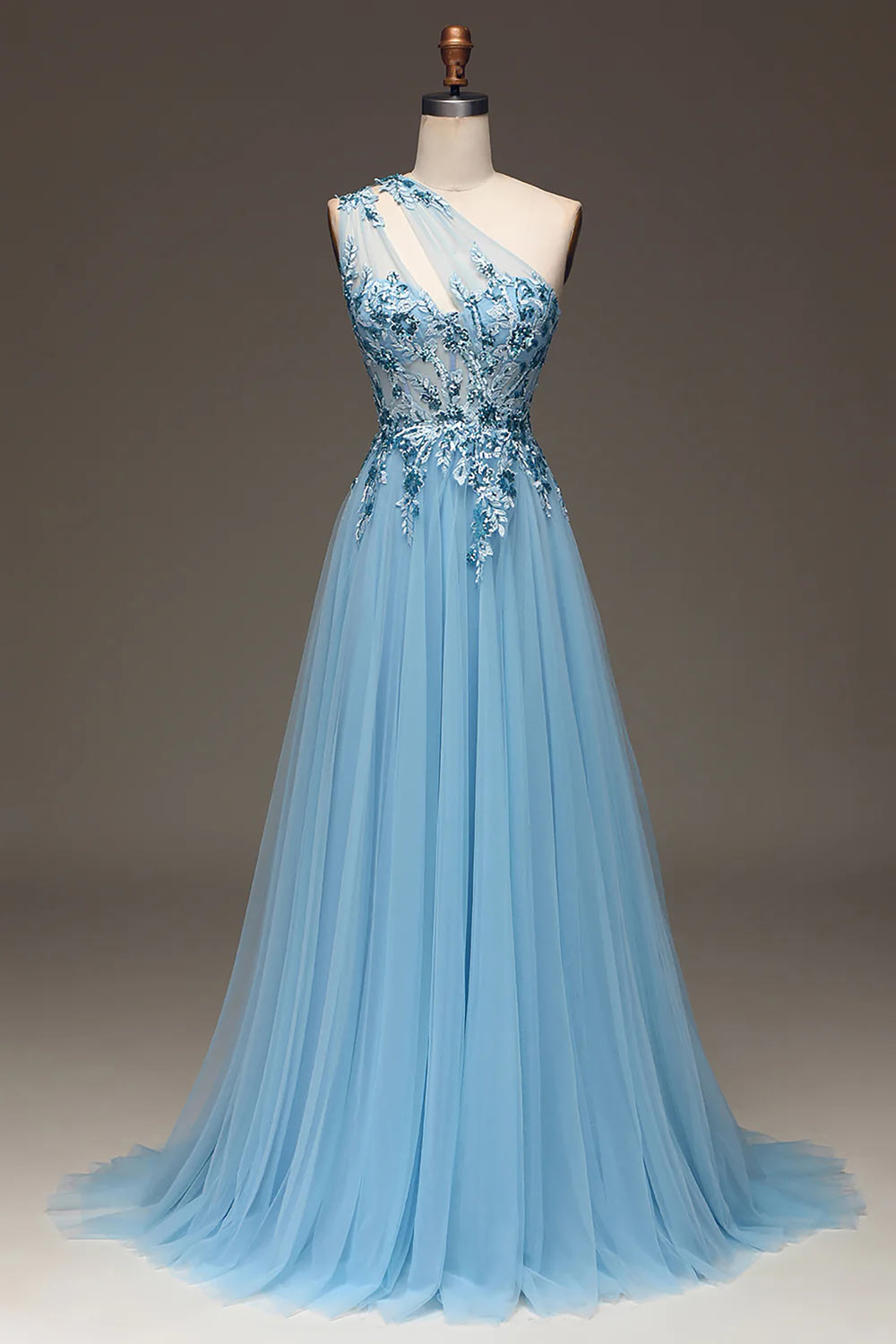 One Shoulder Prom Dress, Light Blue Party Dress, A-Line Sequin Formal Dress with Appliques, Handmade Evening Dress