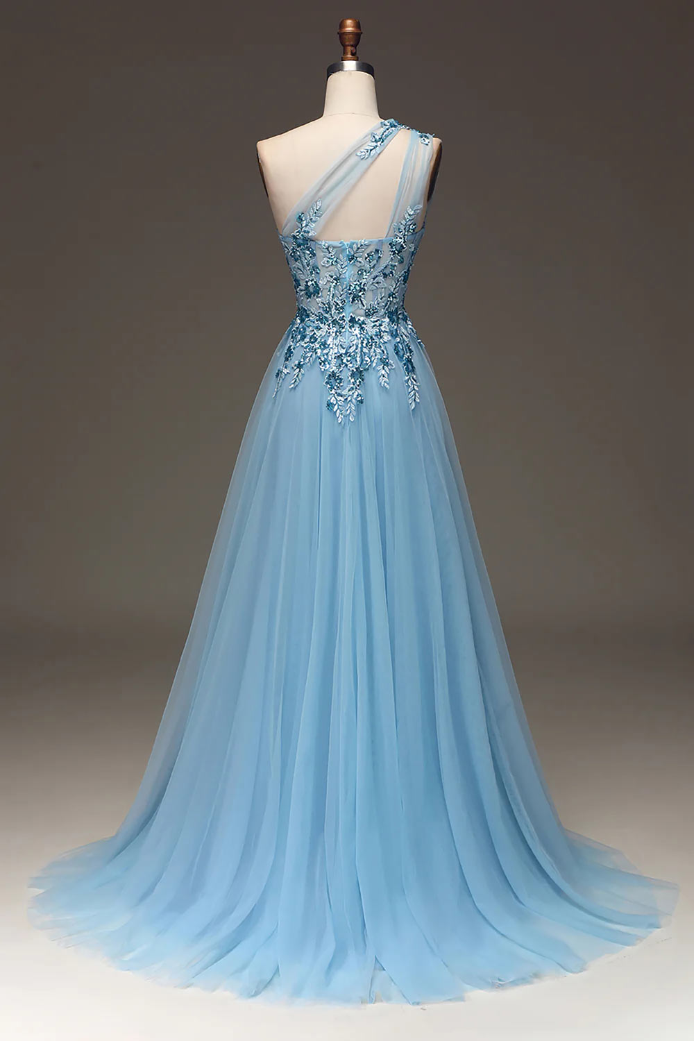 One Shoulder Prom Dress, Light Blue Party Dress, A-Line Sequin Formal Dress with Appliques, Handmade Evening Dress