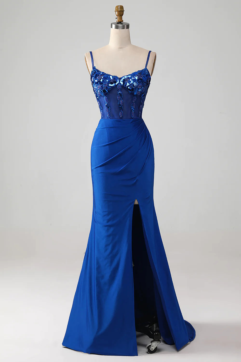 Royal Blue Prom Dress with Slit, Spaghetti Straps Satin Formal Dress, Custom Evening Dress