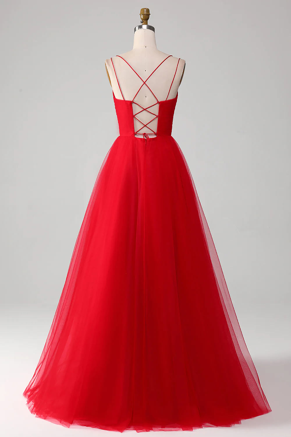 Spaghetti Straps Prom Dress, Delicate A-Line Prom Gown, Red Evening Gown with Cross Criss Back, Handmade Party Dress