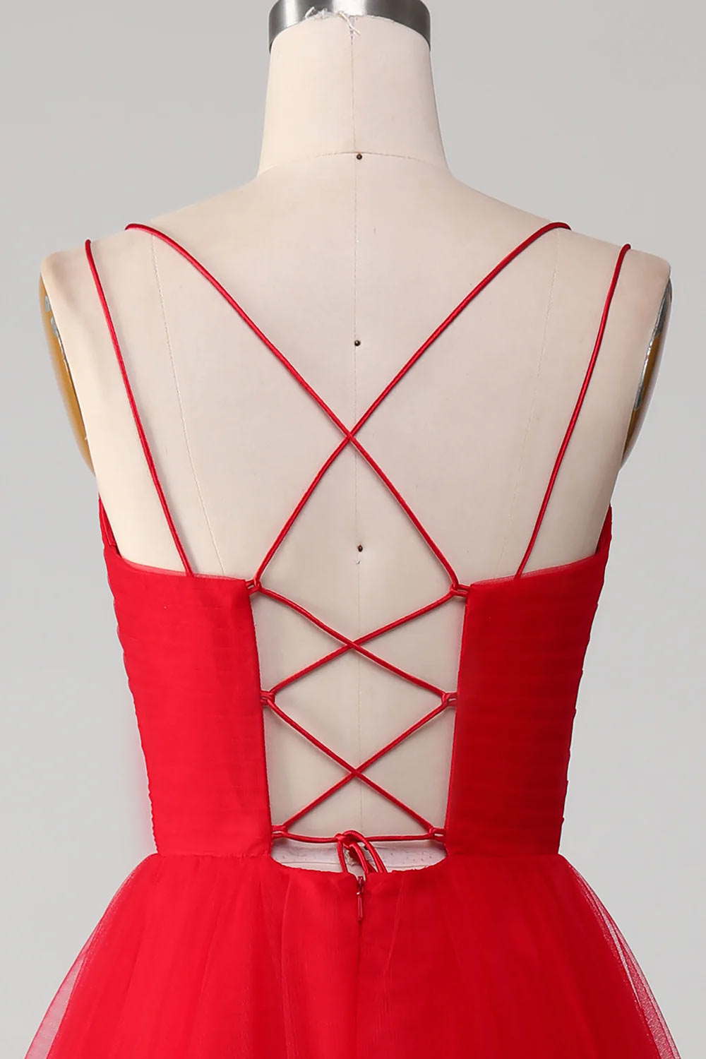 Spaghetti Straps Prom Dress, Delicate A-Line Prom Gown, Red Evening Gown with Cross Criss Back, Handmade Party Dress