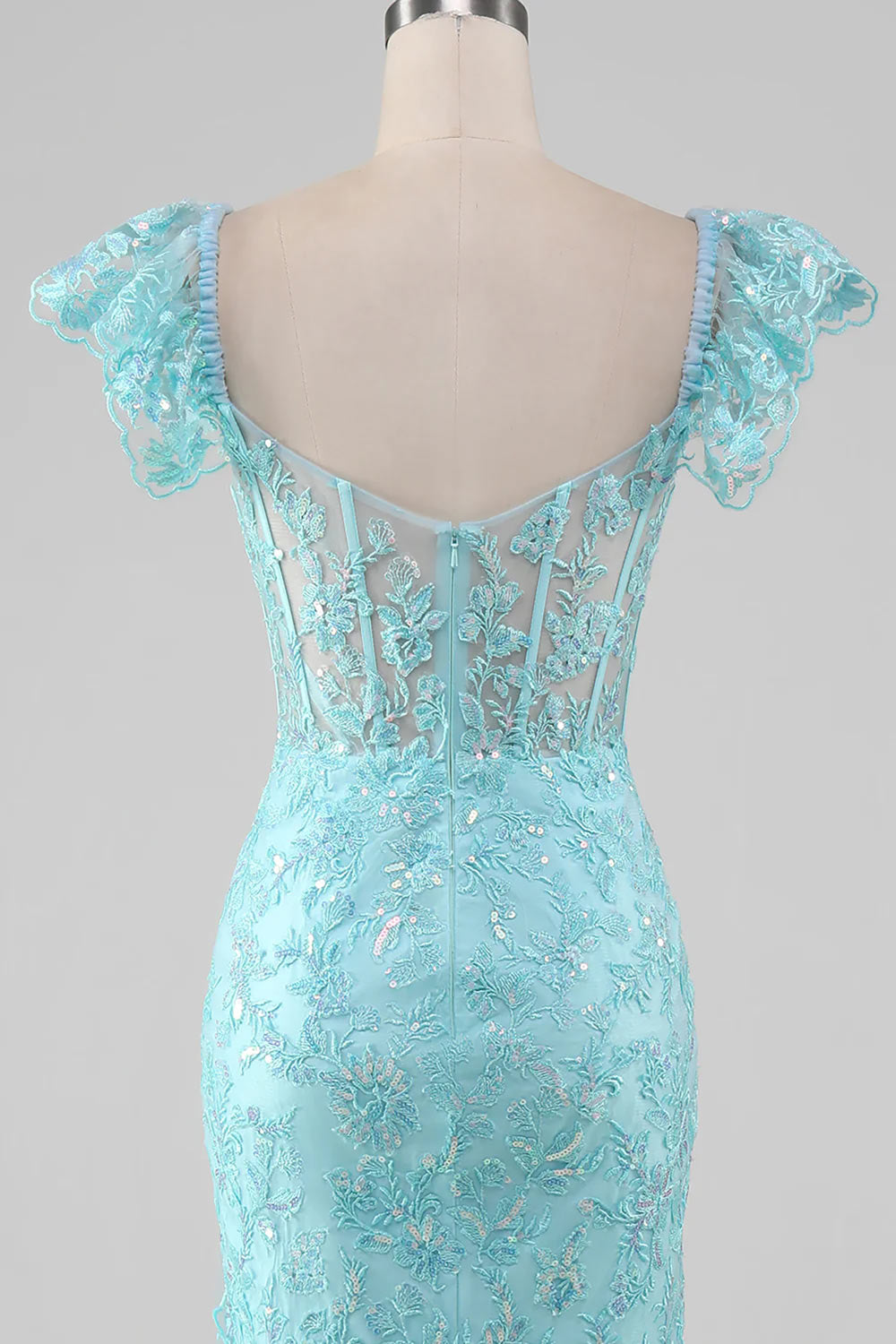 Sparkling Off the Shoulder Prom Dress, Sky Blue Evening Dress with Slit, Handmade Lace Sequin Formal Party Dress