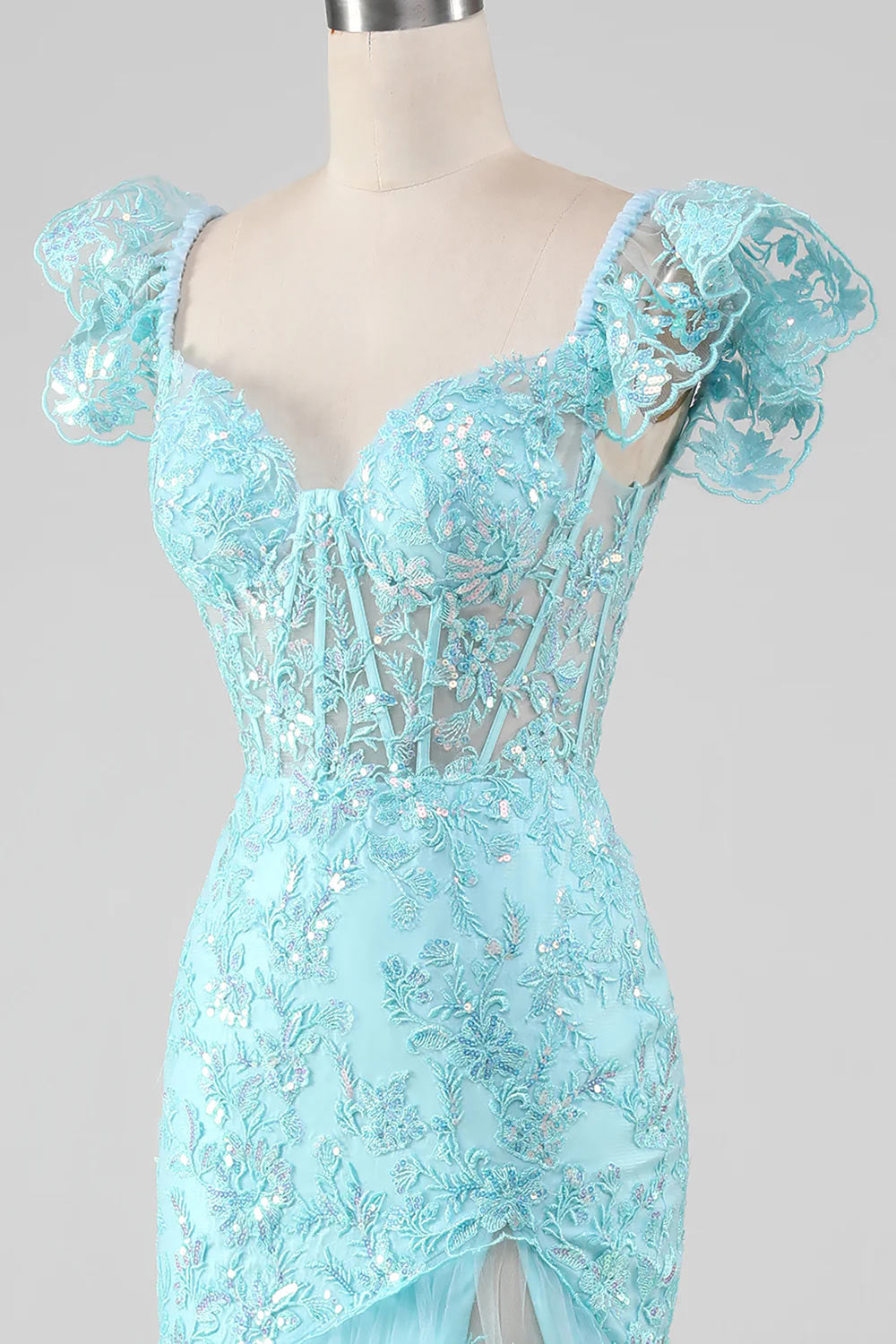 Sparkling Off the Shoulder Prom Dress, Sky Blue Evening Dress with Slit, Handmade Lace Sequin Formal Party Dress