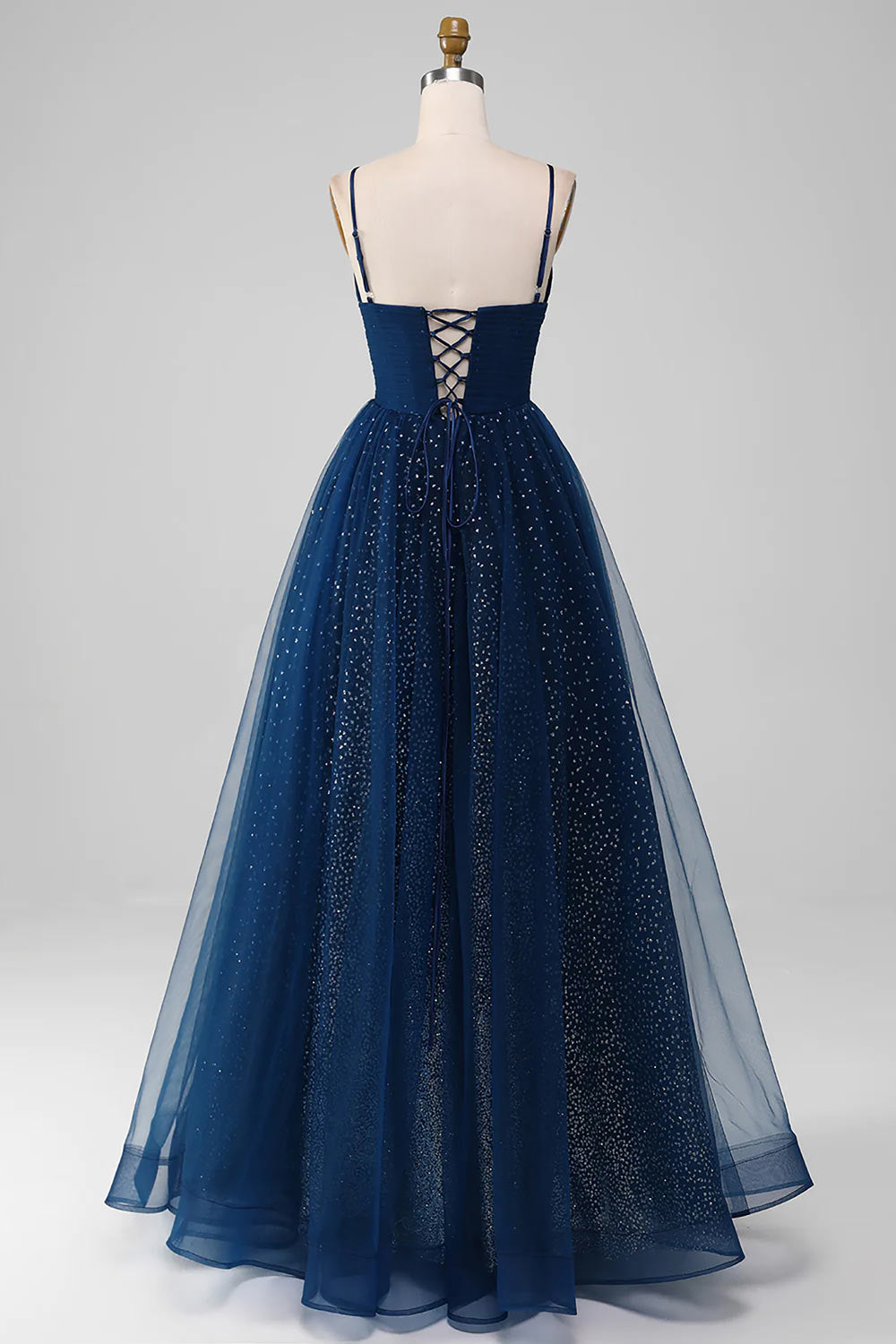 Sparkly Spaghetti Straps Tulle Prom Dress, V-Neck Ball Gown, Handmade Evening Dress with Pleated, Navy Blue Formal Dress