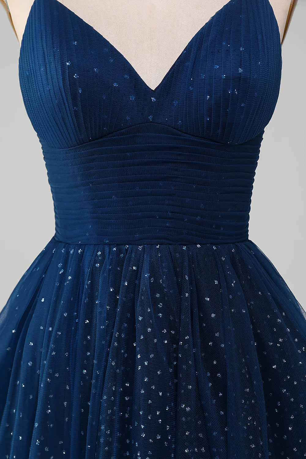 Sparkly Spaghetti Straps Tulle Prom Dress, V-Neck Ball Gown, Handmade Evening Dress with Pleated, Navy Blue Formal Dress