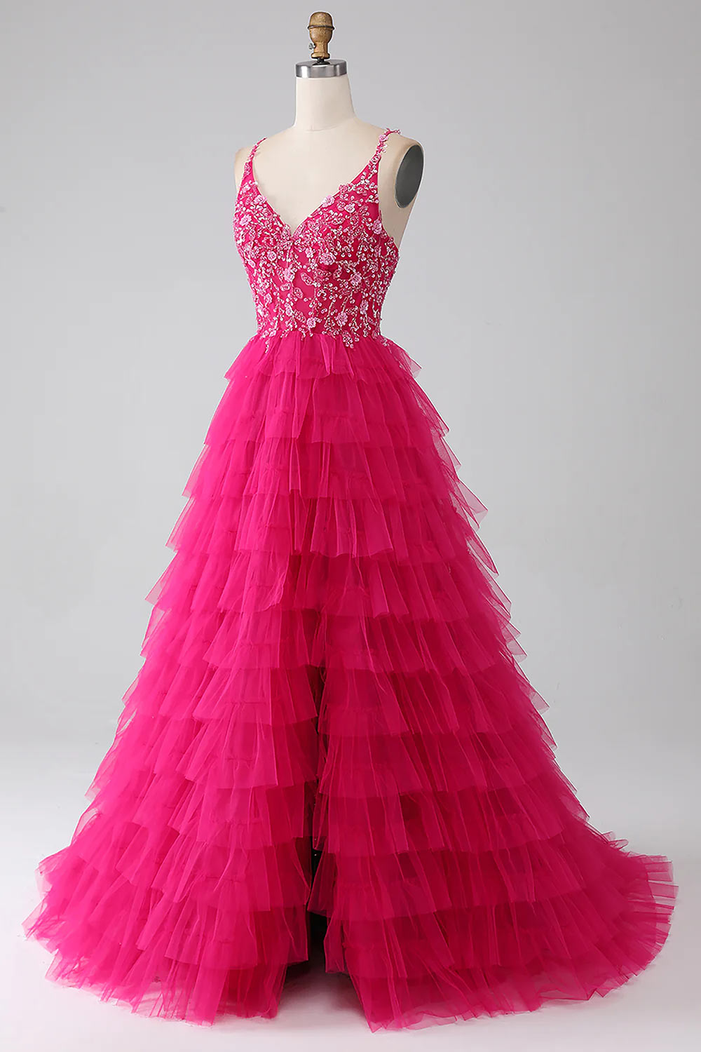 Sweet 16 Dress, Sequin Layered Princess Prom Dress, A-Line Evening Dress, Fuchsia Formal Party Dress with Slit, Custom Handmade Prom Gown