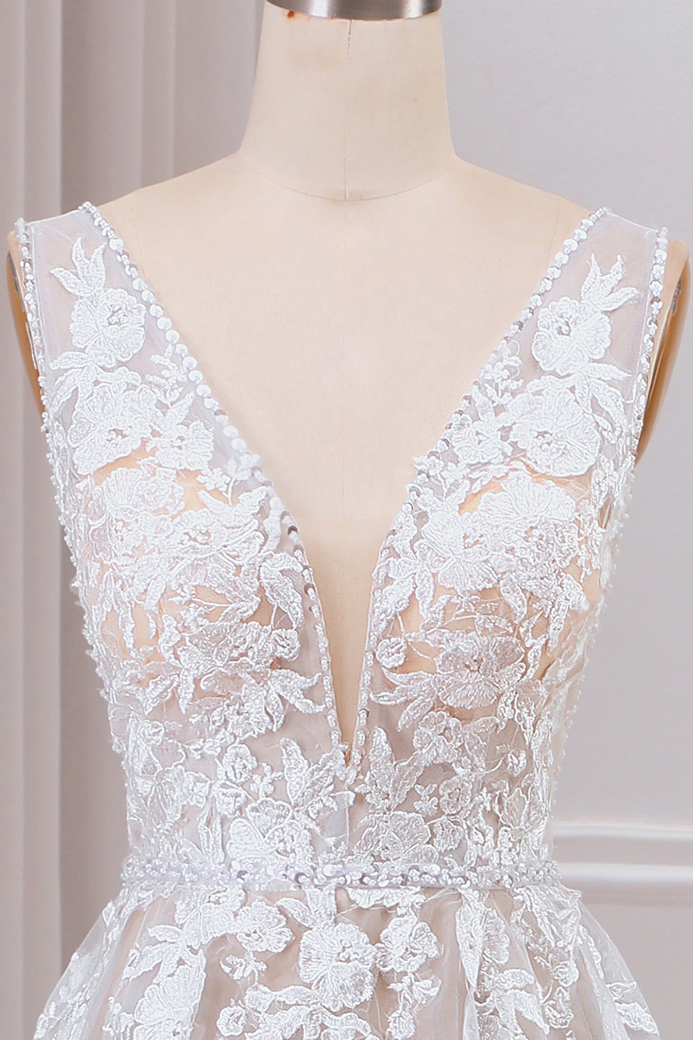 Deep V lace wedding dress, hand embroidery bridal dress, custom wedding gown, vintage dress