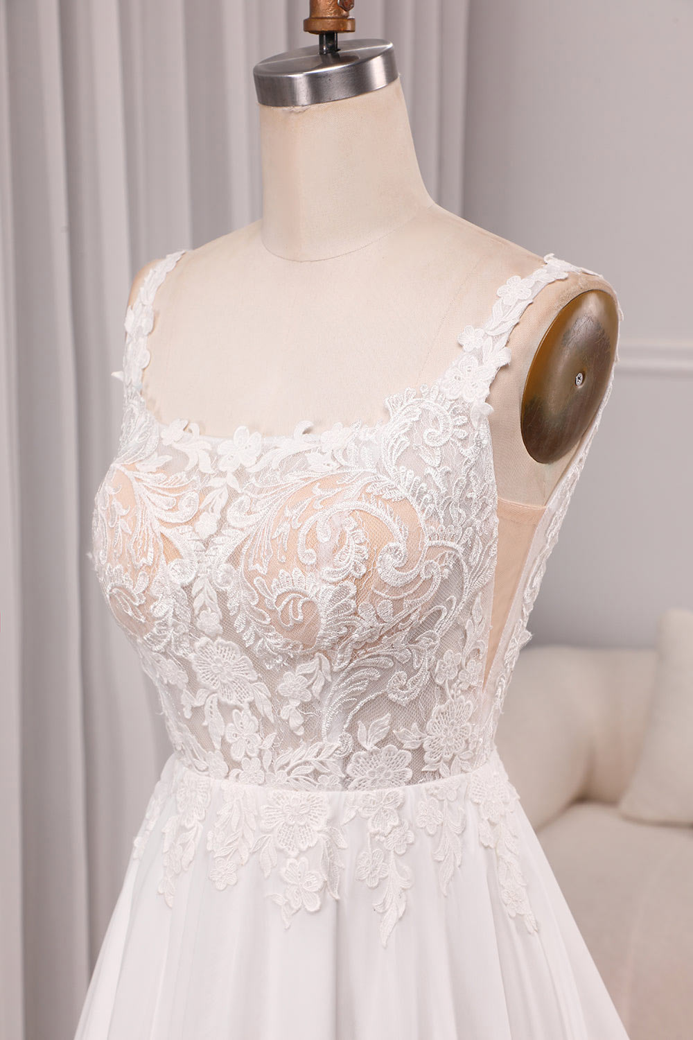 Floral embroidery wedding gown, slit tulle simple bridal dress, button train wedding dress