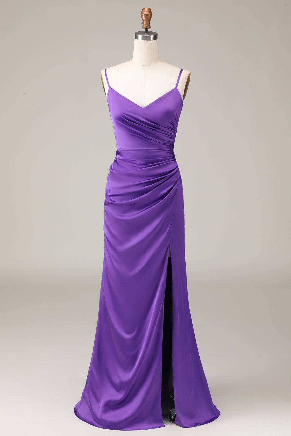 Spaghetti straps satin party dress, custom slit purple evening gown