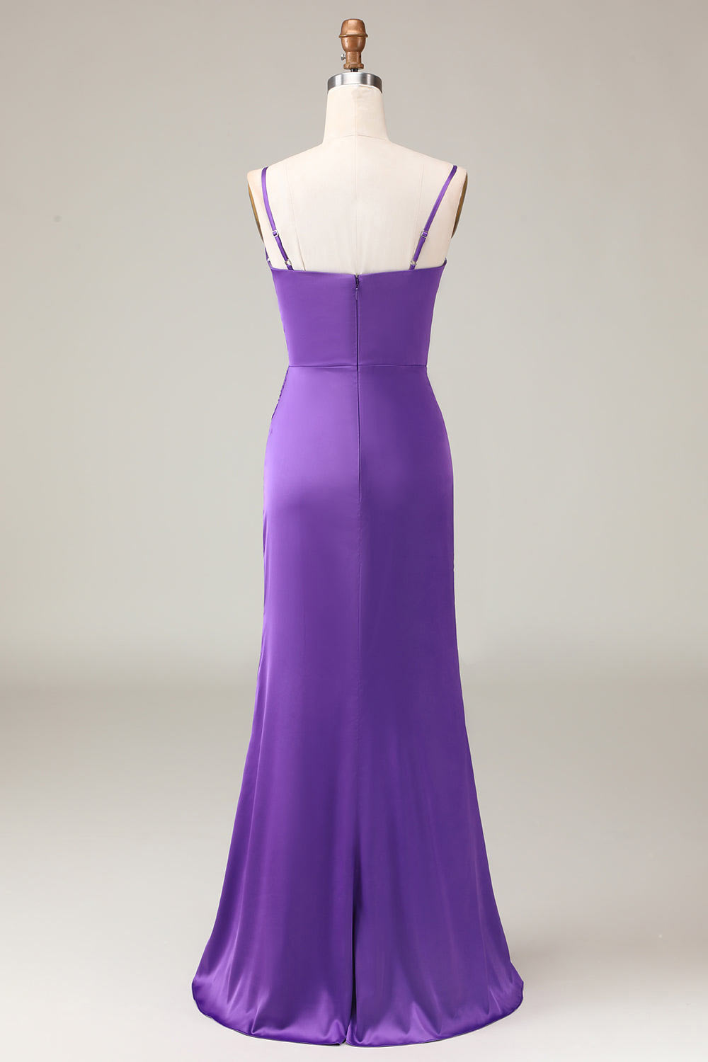 Spaghetti straps satin party dress, custom slit purple evening gown