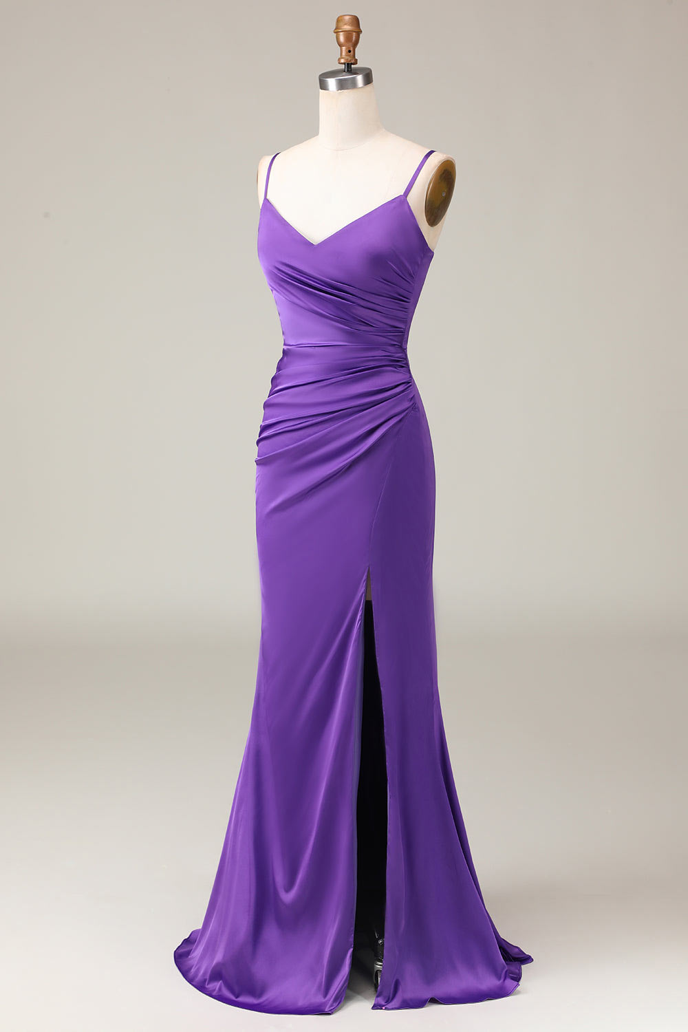 Spaghetti straps satin party dress, custom slit purple evening gown